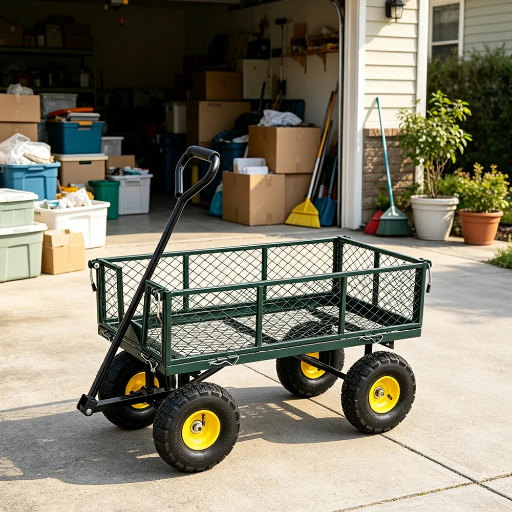 GROVIA Four Wheel Garden Cart Reinforced Steel Frame Removable Mesh Sides Pneumatic Tyres for Garden Farm Warehouse Use