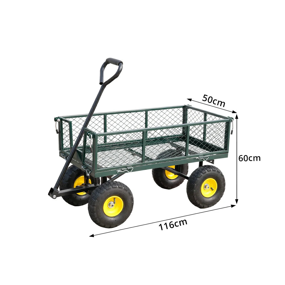 GROVIA Four Wheel Garden Cart Reinforced Steel Frame Removable Mesh Sides Pneumatic Tyres for Garden Farm Warehouse Use