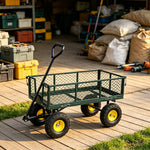 GROVIA Four Wheel Garden Cart Reinforced Steel Frame Removable Mesh Sides Pneumatic Tyres for Garden Farm Warehouse Use