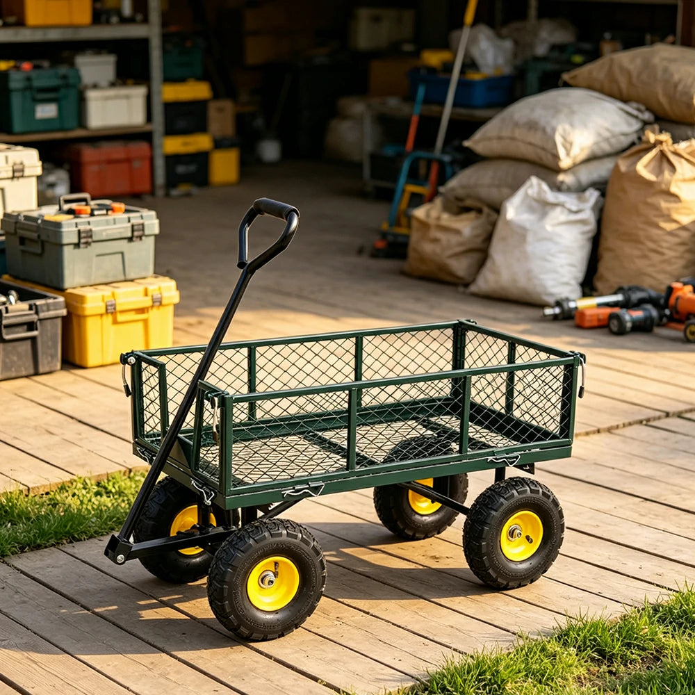 GROVIA Four Wheel Garden Cart Reinforced Steel Frame Removable Mesh Sides Pneumatic Tyres for Garden Farm Warehouse Use