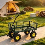 GROVIA Four Wheel Garden Cart Reinforced Steel Frame Removable Mesh Sides Pneumatic Tyres for Garden Farm Warehouse Use