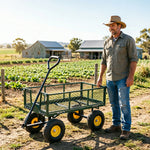 GROVIA Four Wheel Garden Cart Reinforced Steel Frame Removable Mesh Sides Pneumatic Tyres for Garden Farm Warehouse Use