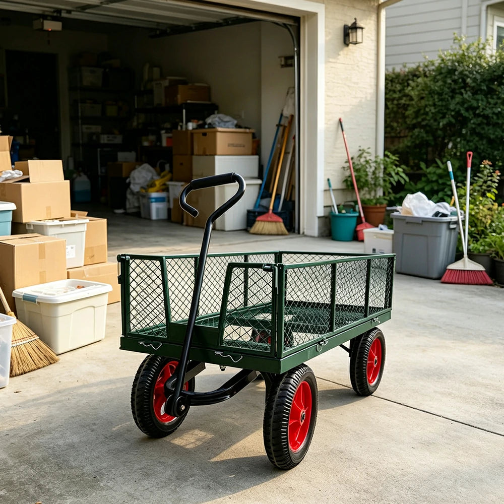 GROVIA Heavy Duty Utility Cart Reinforced Metal Frame Removable Mesh Panel Solid Wheel for Outdoor Garden Farm Home Use