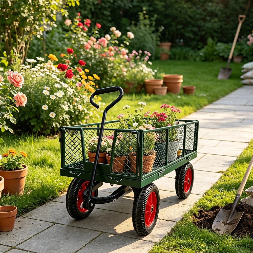 GROVIA Heavy Duty Utility Cart Reinforced Metal Frame Removable Mesh Panel Solid Wheel for Outdoor Garden Farm Home Use