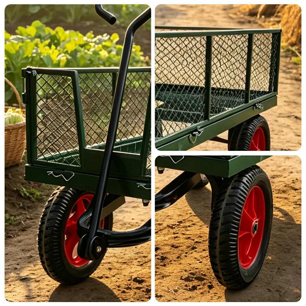 GROVIA Heavy Duty Utility Cart Reinforced Metal Frame Removable Mesh Panel Solid Wheel for Outdoor Garden Farm Home Use