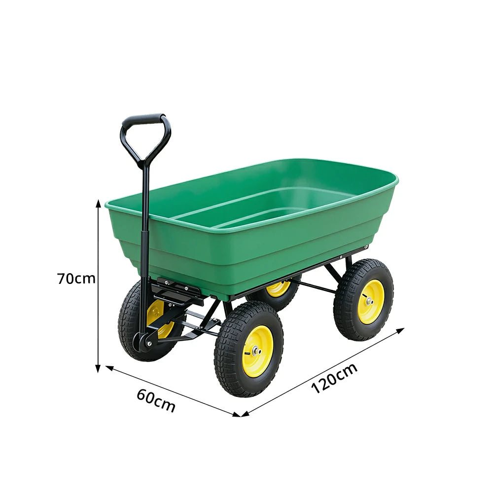 GROVIA Four Wheel Tipping Cart Reinforced Plastic Tray Metal Frame Pneumatic Tyres for Garden Farm Outdoor Home Use