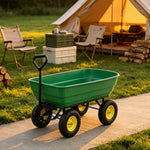 GROVIA Four Wheel Tipping Cart Reinforced Plastic Tray Metal Frame Pneumatic Tyres for Garden Farm Outdoor Home Use