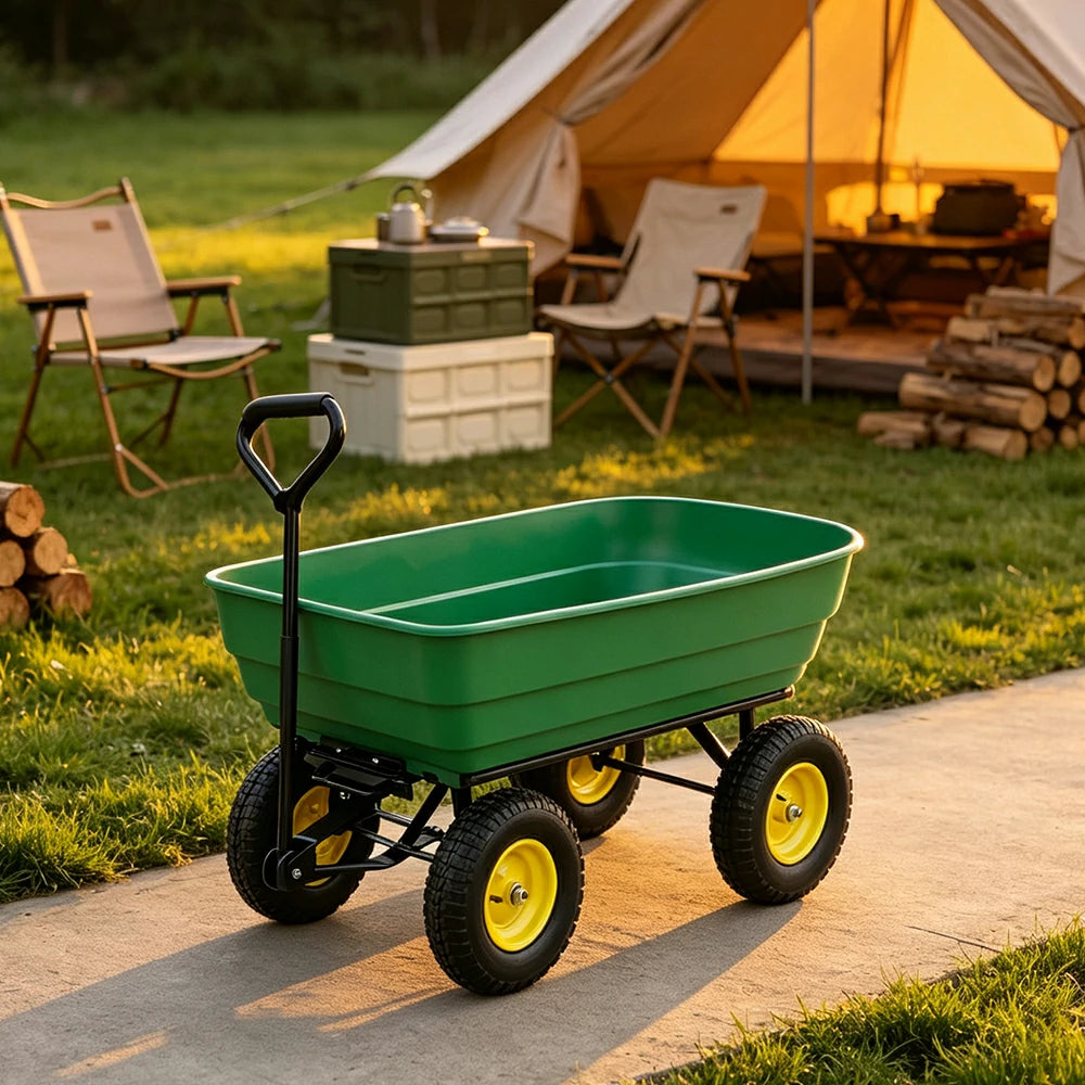 GROVIA Four Wheel Tipping Cart Reinforced Plastic Tray Metal Frame Pneumatic Tyres for Garden Farm Outdoor Home Use