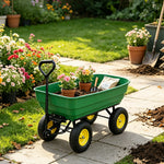 GROVIA Four Wheel Tipping Cart Reinforced Plastic Tray Metal Frame Pneumatic Tyres for Garden Farm Outdoor Home Use