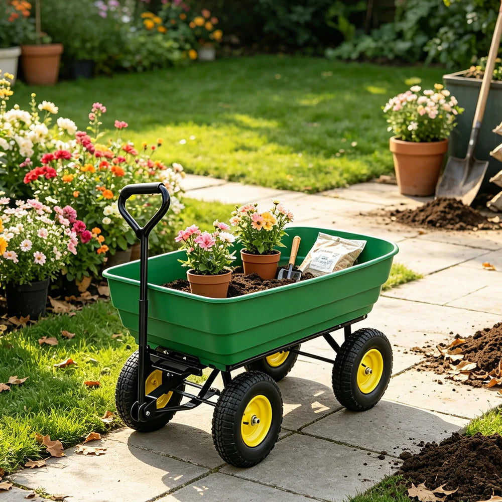 GROVIA Four Wheel Tipping Cart Reinforced Plastic Tray Metal Frame Pneumatic Tyres for Garden Farm Outdoor Home Use
