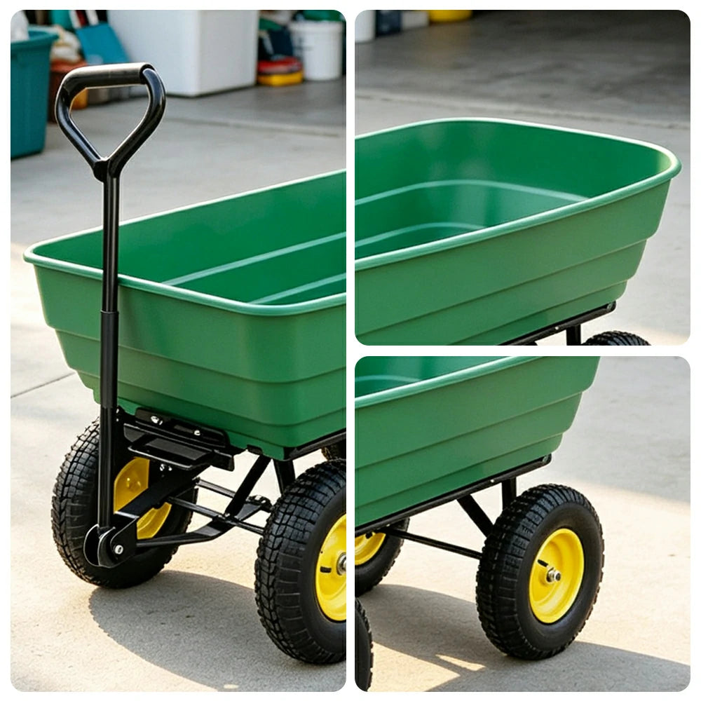 GROVIA Four Wheel Tipping Cart Reinforced Plastic Tray Metal Frame Pneumatic Tyres for Garden Farm Outdoor Home Use