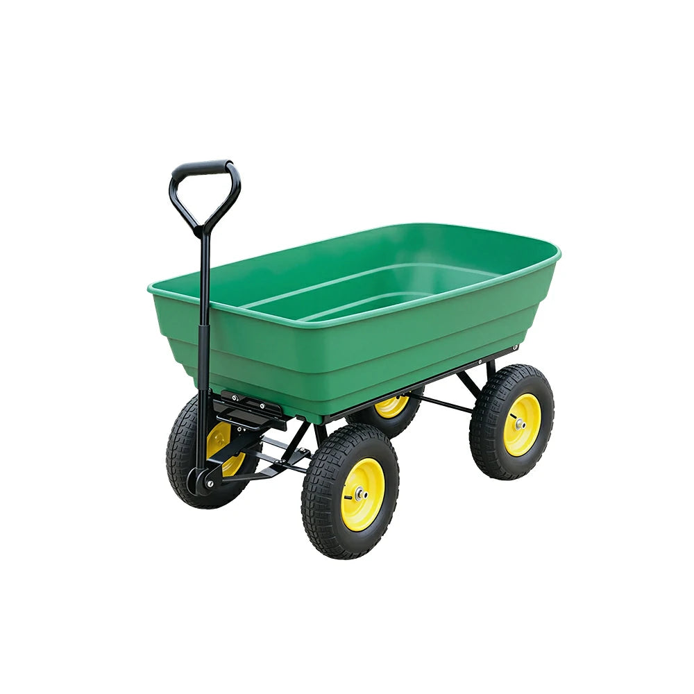 GROVIA Four Wheel Tipping Cart Reinforced Plastic Tray Metal Frame Pneumatic Tyres for Garden Farm Outdoor Home Use