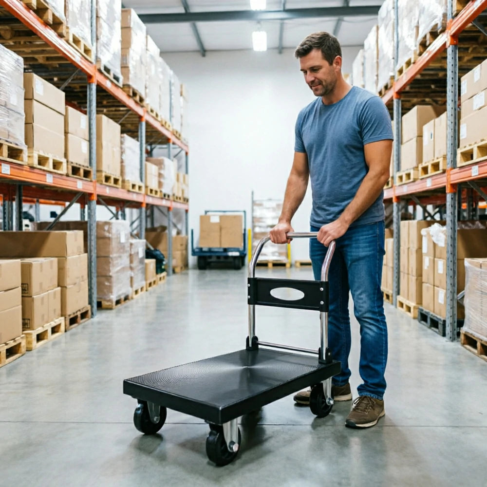 GROVIA Folding Platform Hand Truck Reinforced Steel Frame Heavy Duty Foldable Trolley for Warehouse Office Home Moving Use - Black