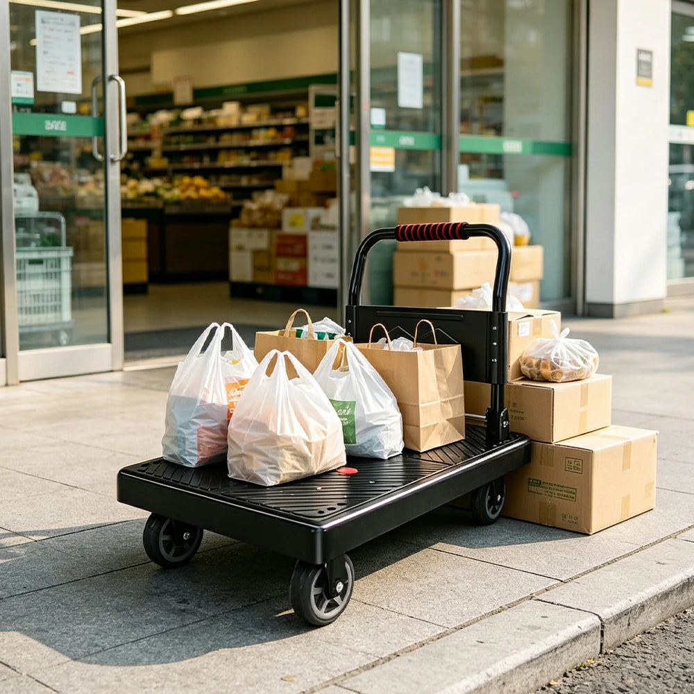 GROVIA Folding Hand Truck with Reinforced Steel Platform Durable Quiet Wheels Portable Cart for Parcel Warehouse Home Use - Black