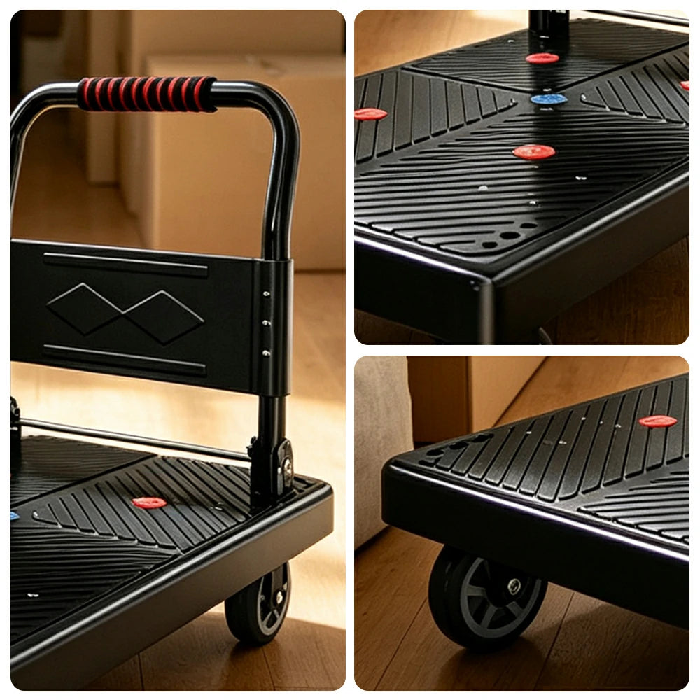 GROVIA Folding Hand Truck with Reinforced Steel Platform Durable Quiet Wheels Portable Cart for Parcel Warehouse Home Use - Black
