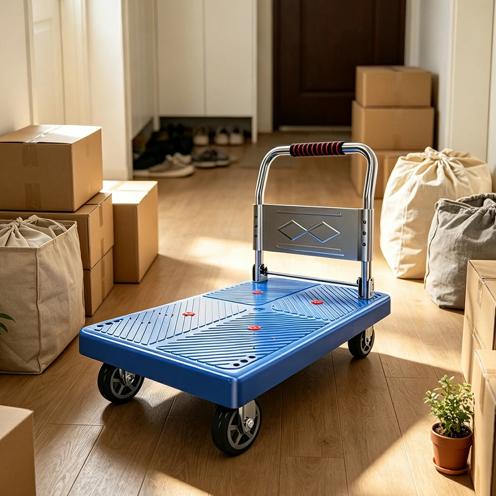 GROVIA Folding Hand Truck with Reinforced Steel Platform Durable Quiet Wheels Portable Cart for Parcel Warehouse Home Use - Blue