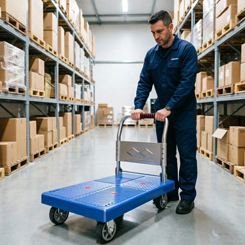 GROVIA Folding Hand Truck with Reinforced Steel Platform Durable Quiet Wheels Portable Cart for Parcel Warehouse Home Use - Blue