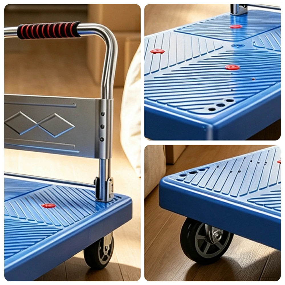 GROVIA Folding Hand Truck with Reinforced Steel Platform Durable Quiet Wheels Portable Cart for Parcel Warehouse Home Use - Blue