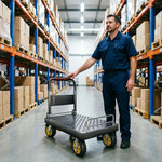 GROVIA Folding Platform Trolley Reinforced Steel Deck Removable Side Rails Dual Bearing Casters for Warehouse Moving Use - Black