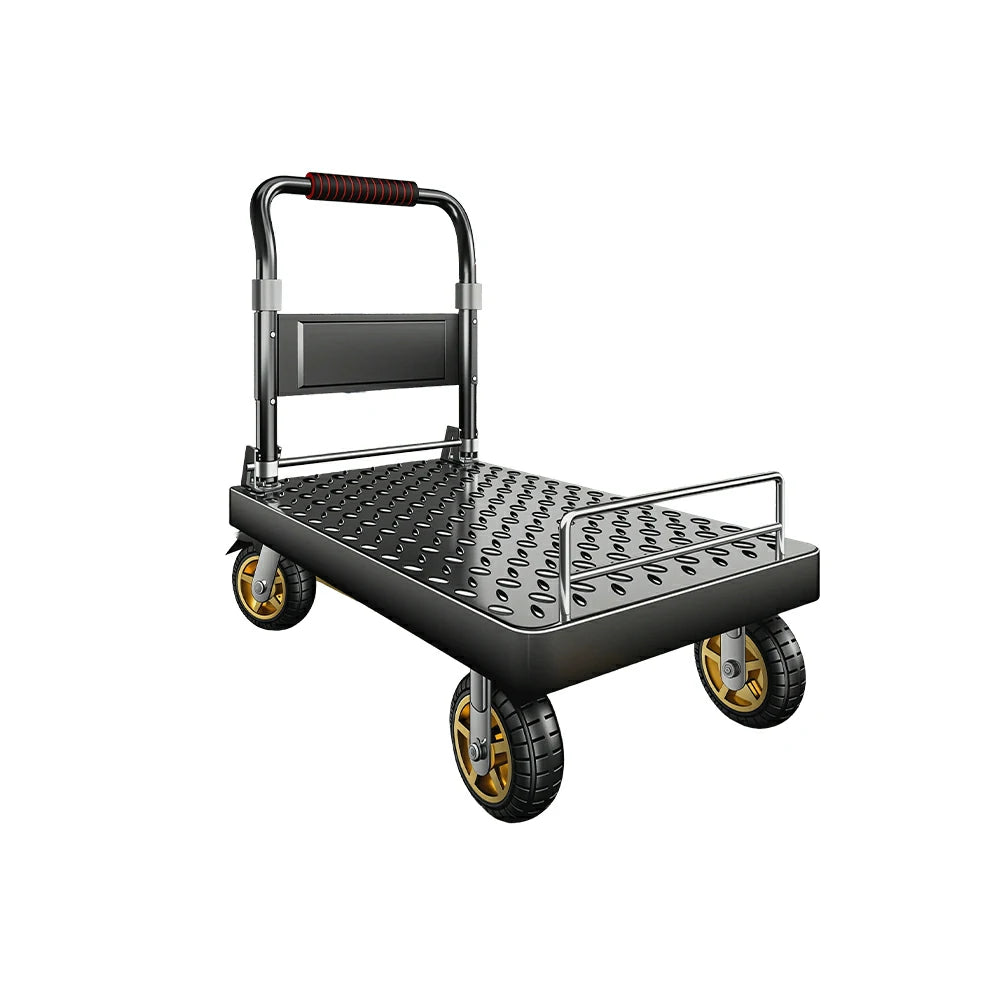 GROVIA Folding Platform Trolley Reinforced Steel Deck Removable Side Rails Dual Bearing Casters for Warehouse Moving Use - Black
