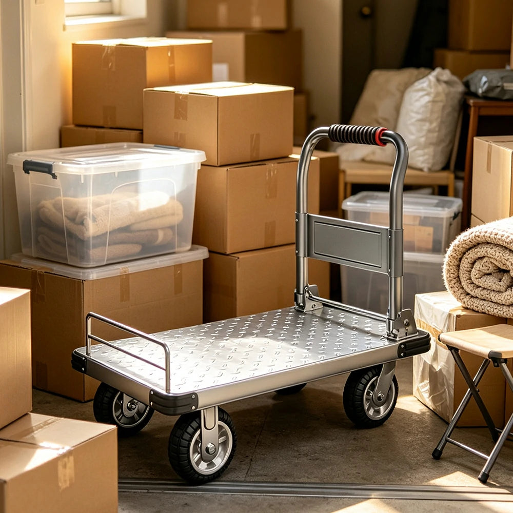 GROVIA Folding Platform Trolley Reinforced Steel Deck Removable Side Rails Dual Bearing Casters for Warehouse Moving Use - Silver