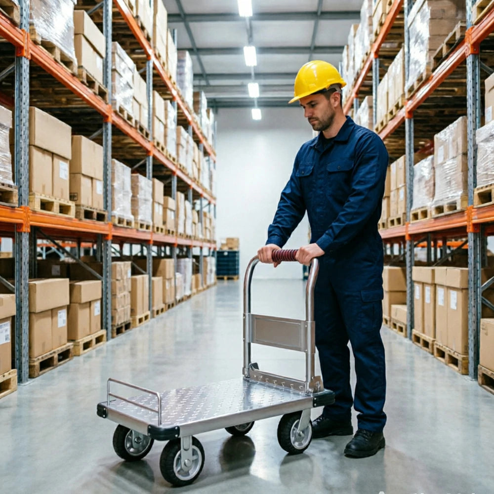 GROVIA Folding Platform Trolley Reinforced Steel Deck Removable Side Rails Dual Bearing Casters for Warehouse Moving Use - Silver