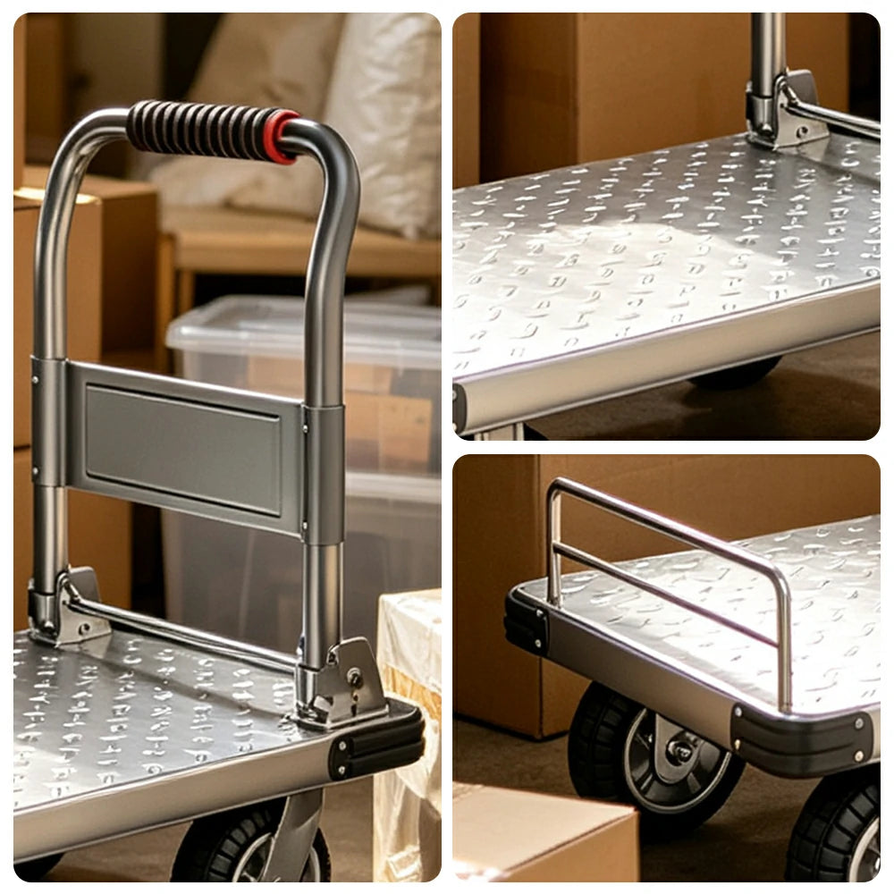 GROVIA Folding Platform Trolley Reinforced Steel Deck Removable Side Rails Dual Bearing Casters for Warehouse Moving Use - Silver
