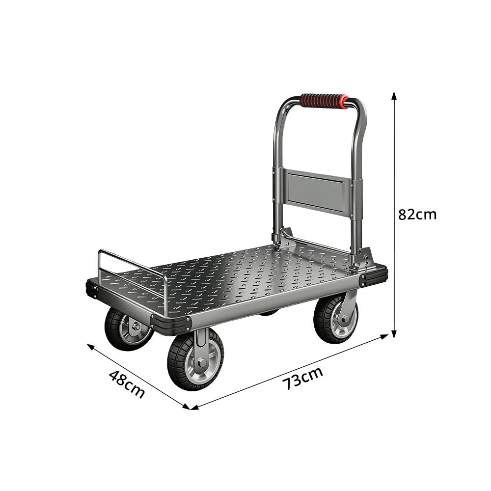 GROVIA Folding Platform Trolley Reinforced Steel Deck Removable Side Rails Dual Bearing Casters for Warehouse Moving Use - Silver