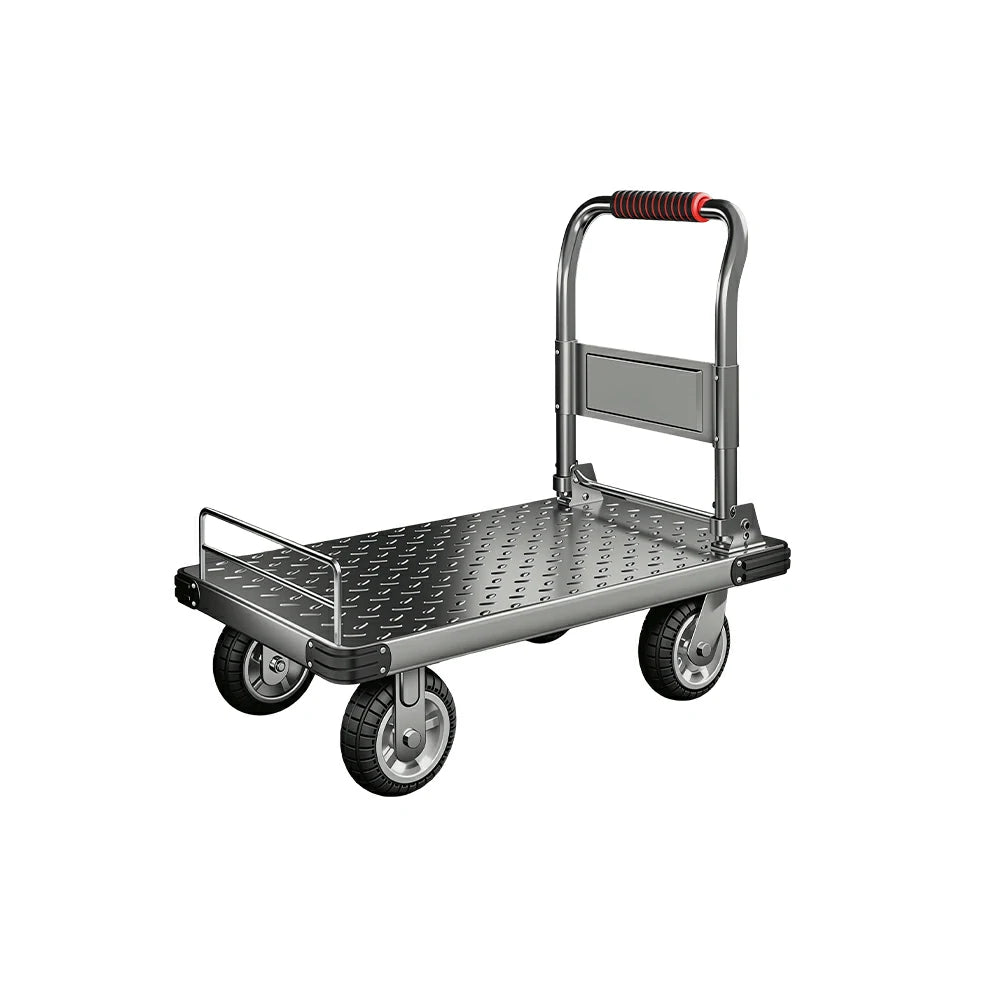 GROVIA Folding Platform Trolley Reinforced Steel Deck Removable Side Rails Dual Bearing Casters for Warehouse Moving Use - Silver