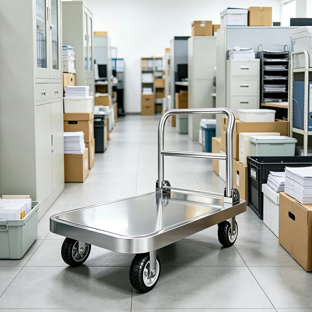 GROVIA Stainless Steel Platform Trolley Folding Handle Reinforced Square Tube Frame Durable Wheels for Warehouse Office Home Use