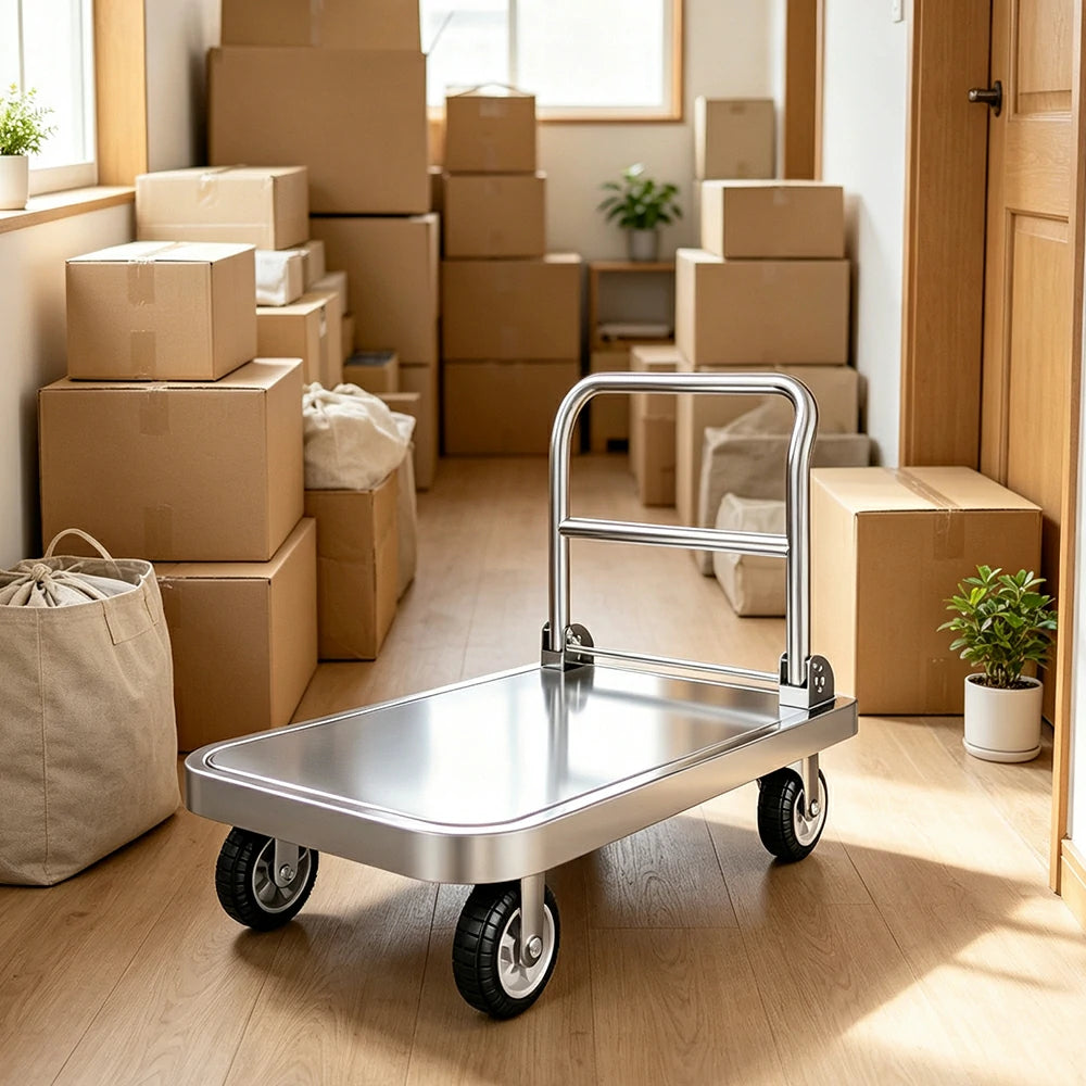 GROVIA Stainless Steel Platform Trolley Folding Handle Reinforced Square Tube Frame Durable Wheels for Warehouse Office Home Use