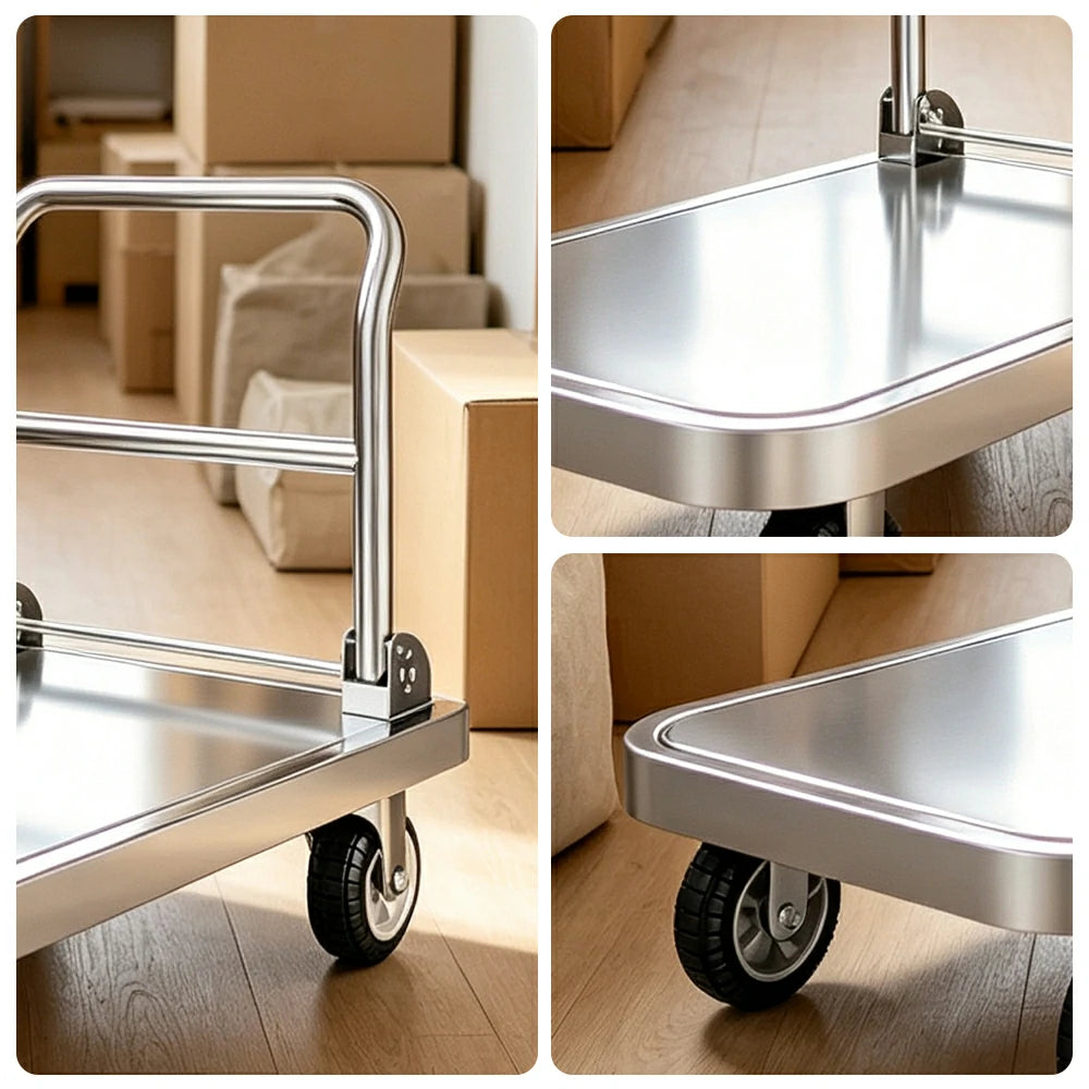 GROVIA Stainless Steel Platform Trolley Folding Handle Reinforced Square Tube Frame Durable Wheels for Warehouse Office Home Use
