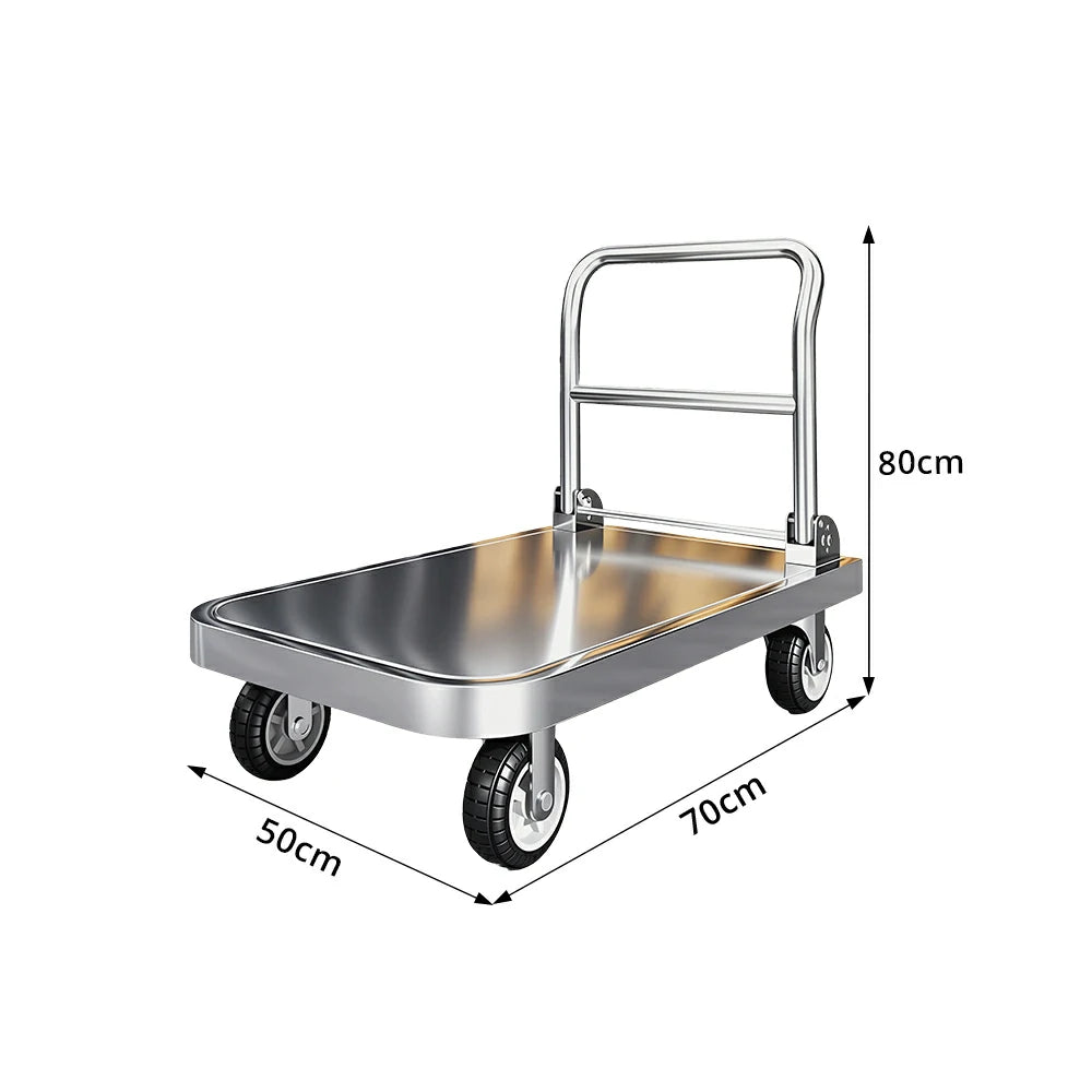 GROVIA Stainless Steel Platform Trolley Folding Handle Reinforced Square Tube Frame Durable Wheels for Warehouse Office Home Use