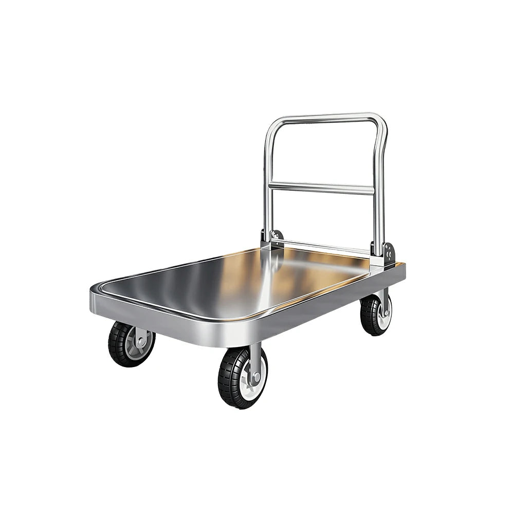 GROVIA Stainless Steel Platform Trolley Folding Handle Reinforced Square Tube Frame Durable Wheels for Warehouse Office Home Use