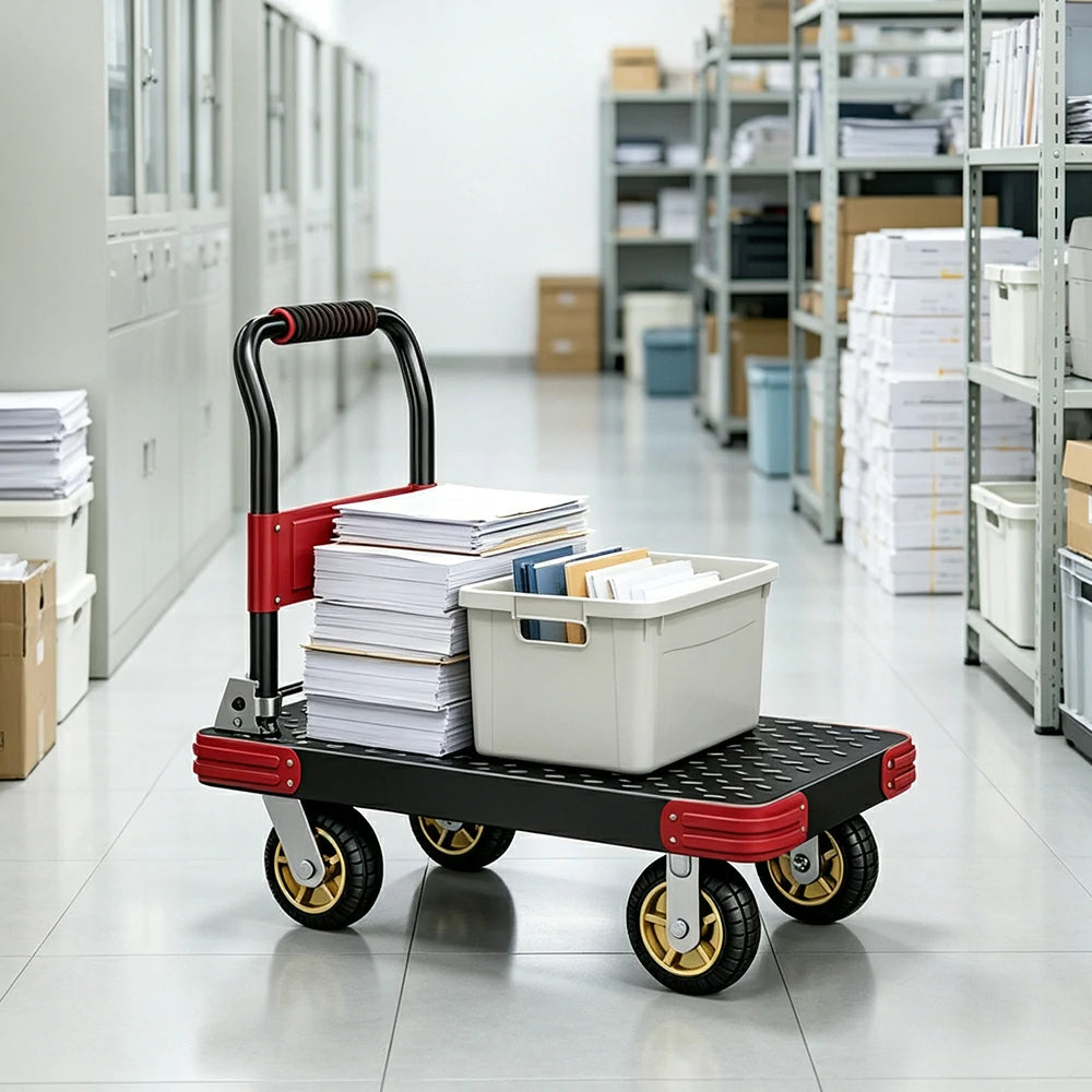 GROVIA Heavy Duty Steel Platform Trolley Reinforced Frame Patterned Steel Deck Folding Handle 73/90cm for Warehouse Construction Use