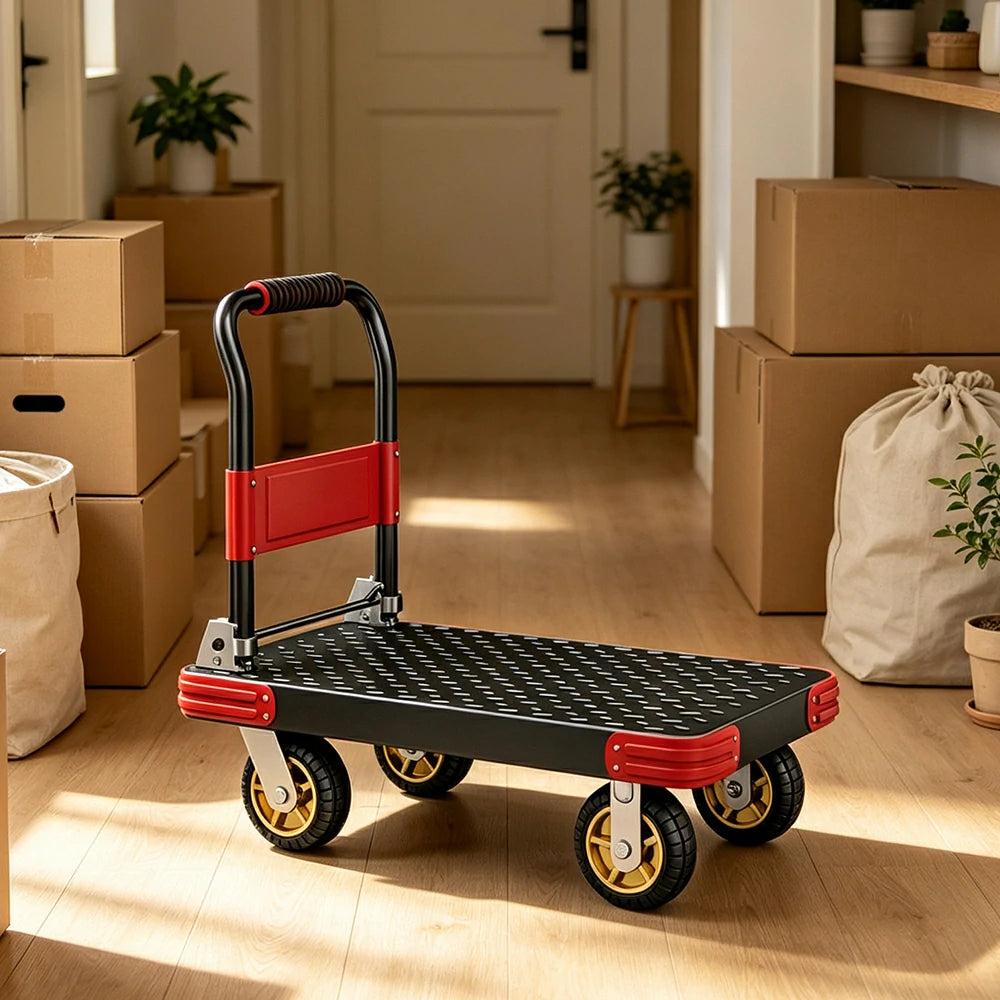 GROVIA Heavy Duty Steel Platform Trolley Reinforced Frame Patterned Steel Deck Folding Handle 73/90cm for Warehouse Construction Use