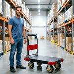 GROVIA Heavy Duty Steel Platform Trolley Reinforced Frame Patterned Steel Deck Folding Handle 73/90cm for Warehouse Construction Use