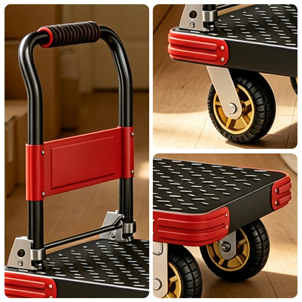 GROVIA Heavy Duty Steel Platform Trolley Reinforced Frame Patterned Steel Deck Folding Handle 73/90cm for Warehouse Construction Use