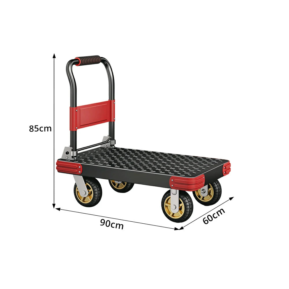 GROVIA Heavy Duty Steel Platform Trolley Reinforced Frame Patterned Steel Deck Folding Handle 73/90cm for Warehouse Construction Use