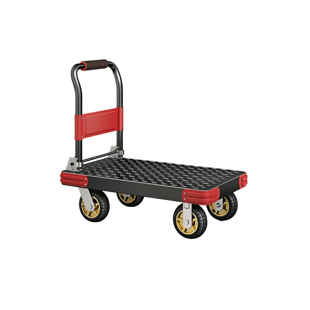 GROVIA Heavy Duty Steel Platform Trolley Reinforced Frame Patterned Steel Deck Folding Handle 73/90cm for Warehouse Construction Use