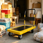 GROVIA Heavy Duty Steel Platform Trolley Thickened Steel Plate Reinforced Cross Beam Folding Handle 73/90cm for Warehouse Factory Use - Yellow