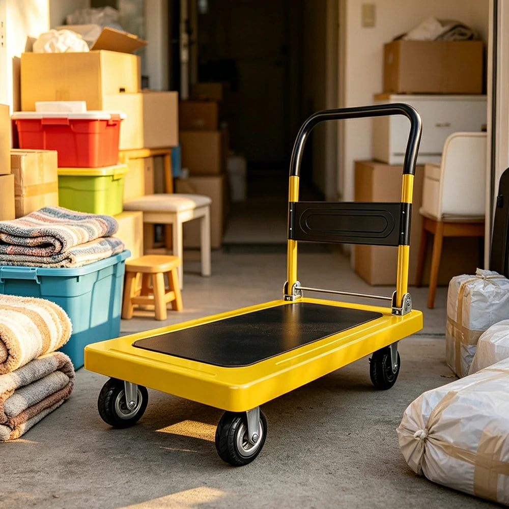 GROVIA Heavy Duty Steel Platform Trolley Thickened Steel Plate Reinforced Cross Beam Folding Handle 73/90cm for Warehouse Factory Use - Yellow