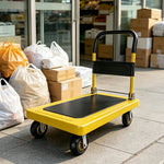 GROVIA Heavy Duty Steel Platform Trolley Thickened Steel Plate Reinforced Cross Beam Folding Handle 73/90cm for Warehouse Factory Use - Yellow