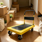 GROVIA Heavy Duty Steel Platform Trolley Thickened Steel Plate Reinforced Cross Beam Folding Handle 73/90cm for Warehouse Factory Use - Yellow