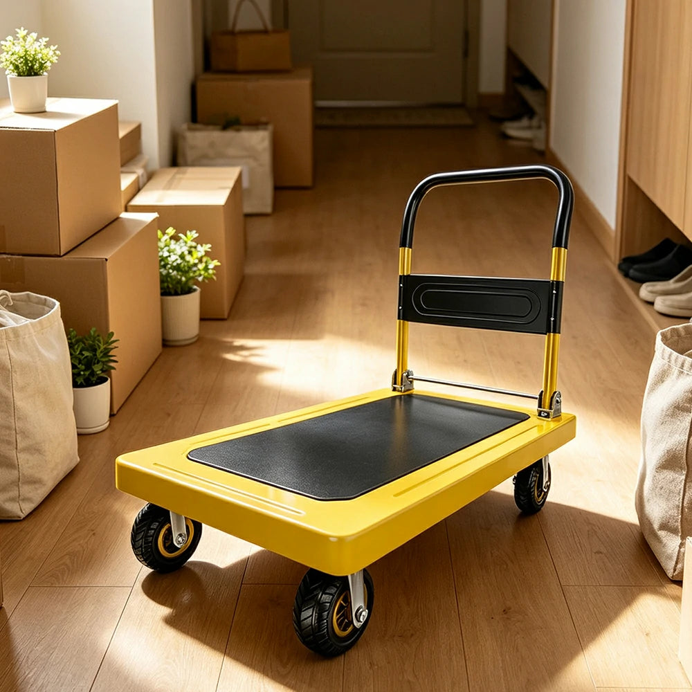 GROVIA Heavy Duty Steel Platform Trolley Thickened Steel Plate Reinforced Cross Beam Folding Handle 73/90cm for Warehouse Factory Use - Yellow