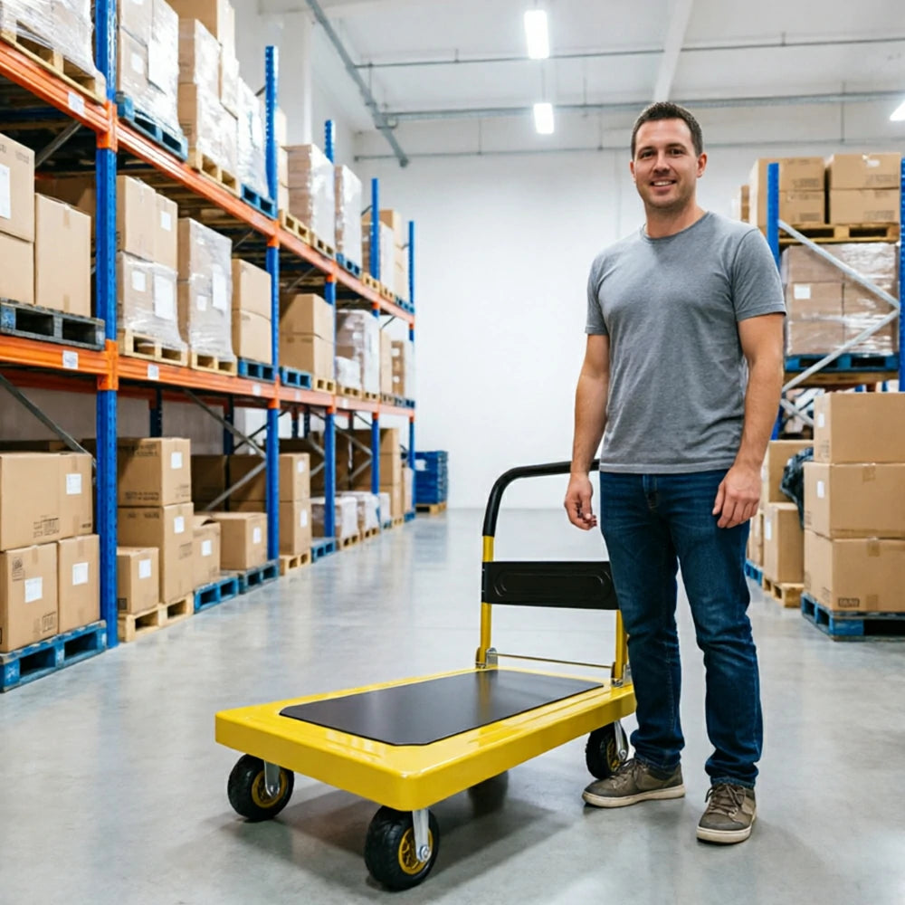 GROVIA Heavy Duty Steel Platform Trolley Thickened Steel Plate Reinforced Cross Beam Folding Handle 73/90cm for Warehouse Factory Use - Yellow
