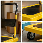 GROVIA Heavy Duty Steel Platform Trolley Thickened Steel Plate Reinforced Cross Beam Folding Handle 73/90cm for Warehouse Factory Use - Yellow