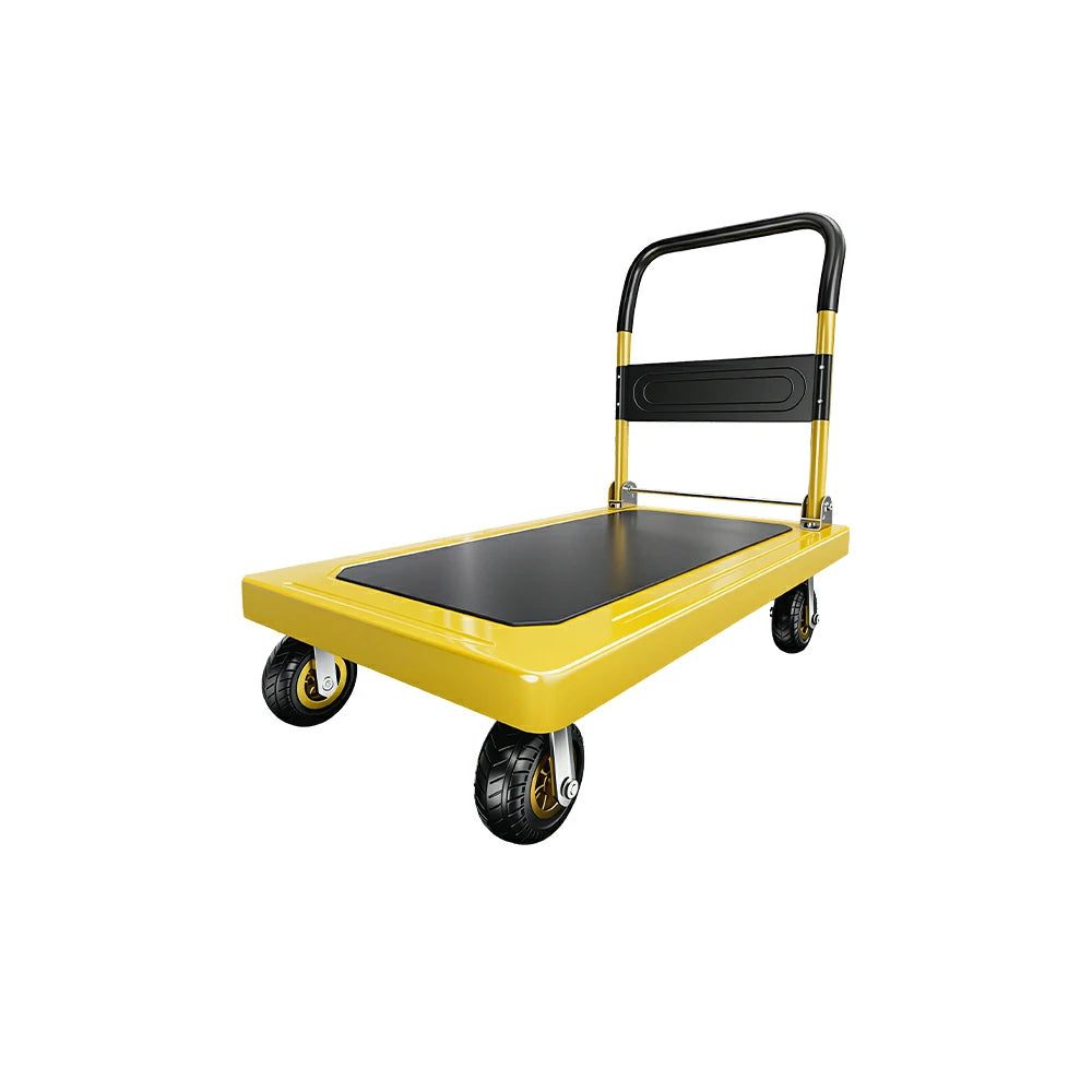 GROVIA Heavy Duty Steel Platform Trolley Thickened Steel Plate Reinforced Cross Beam Folding Handle 73/90cm for Warehouse Factory Use - Yellow