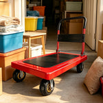 GROVIA Heavy Duty Steel Platform Trolley Thickened Steel Plate Reinforced Cross Beam Folding Handle 73/90cm for Warehouse Factory Use - Red