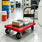 GROVIA Heavy Duty Steel Platform Trolley Thickened Steel Plate Reinforced Cross Beam Folding Handle 73/90cm for Warehouse Factory Use - Red